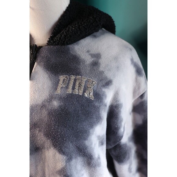 Victoria’s Secrets PINK Bling Sherpa Reversible Jacket Black White Tie Dye Sz S - Picture 2 of 12